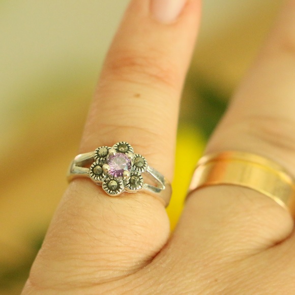 925. Sterling silver marcasite cubic zirconia purple - Picture 2 of 8